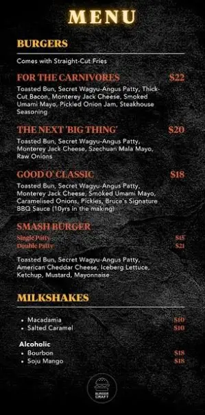 Burger Craft Menu Singapore