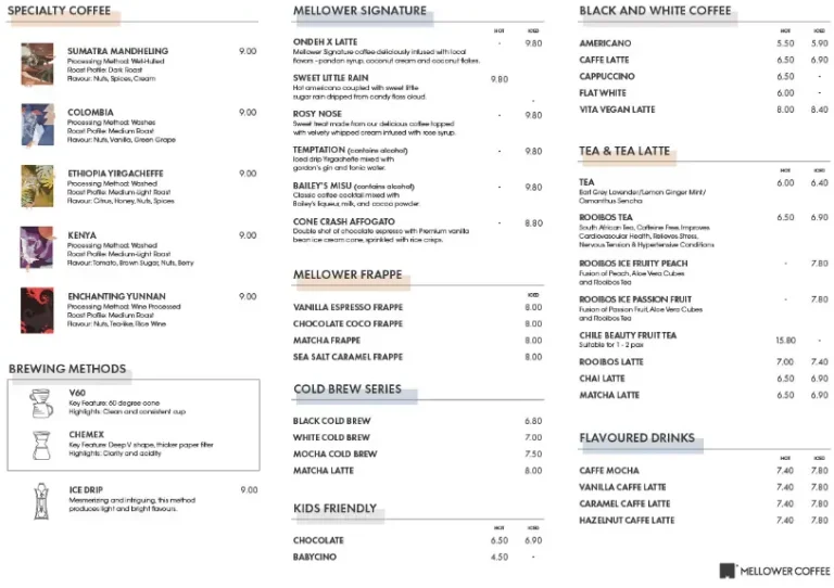 MELLOWER COFFEE MENU SINGAPORE PRICES 2024