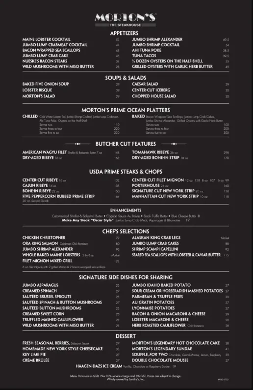 MORTON’S MENU SINGAPORE