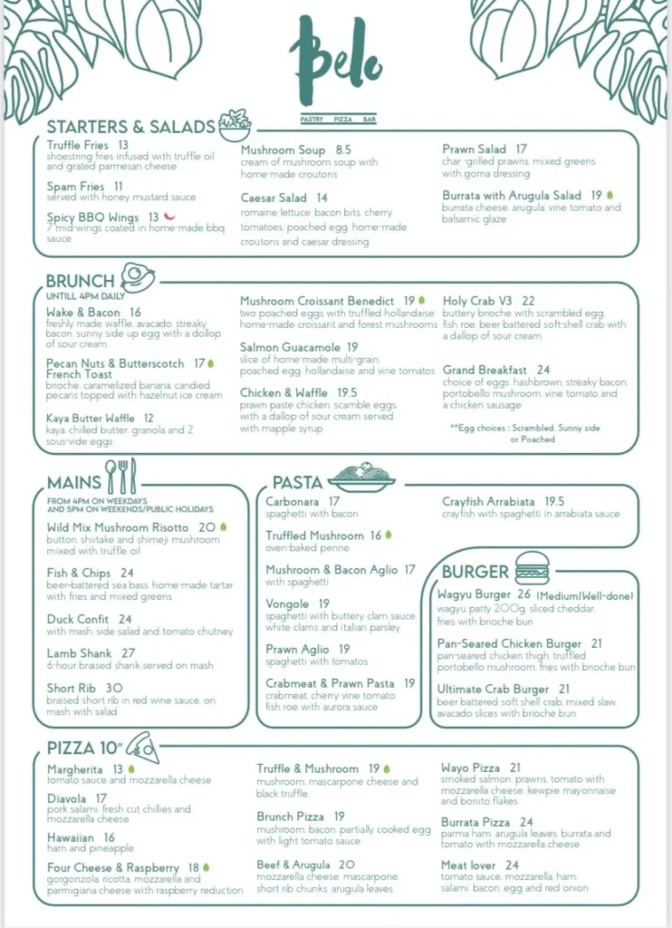 BELO CAFE & PIZZA BAR MENU SINGAPORE