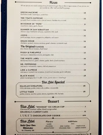 BLUE LABEL PIZZA AND WINE MENU SINGAPORE