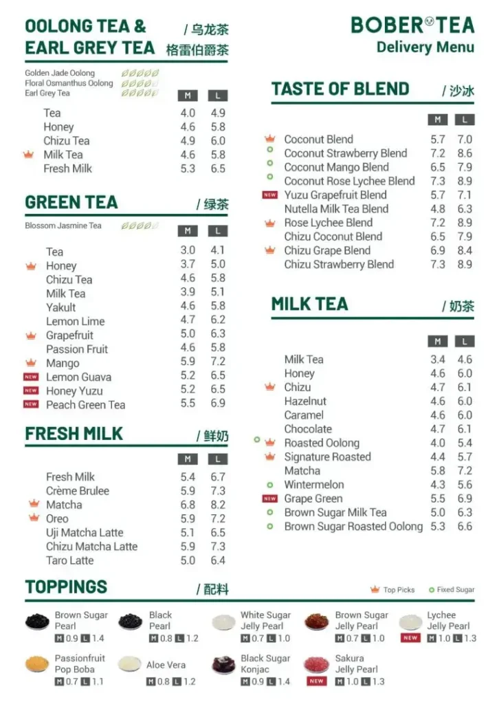 BOBER TEA MENU SINGAPORE