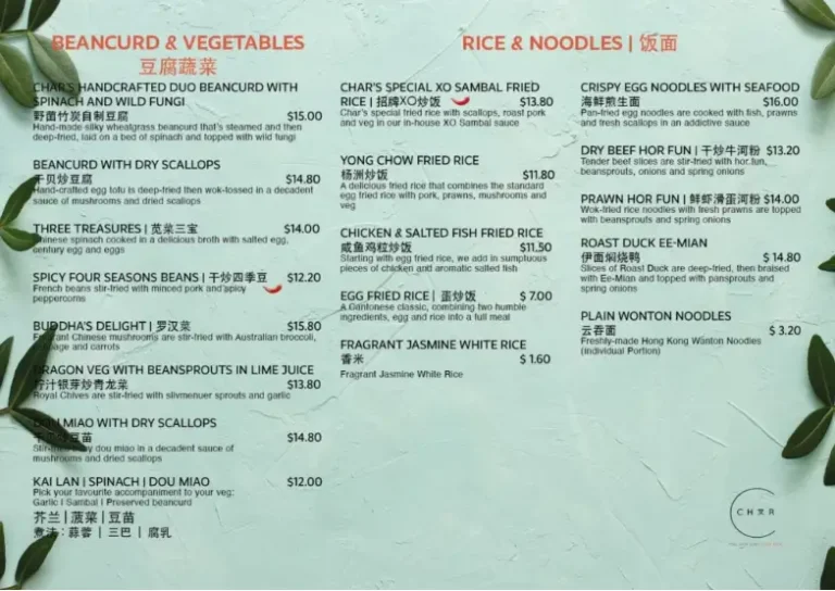 CHAR RESTAURANT MENU SINGAPORE