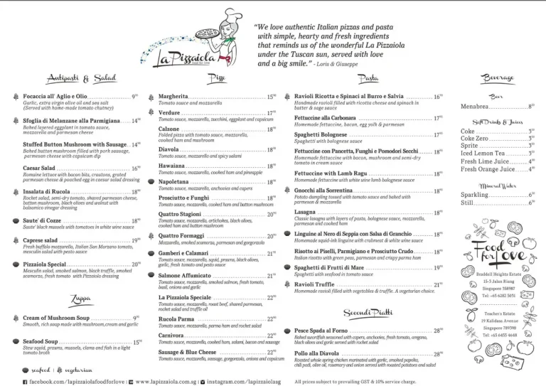 LA PIZZAIOLA MENU