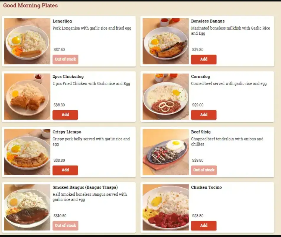 TAPA KING MENU SINGAPORE